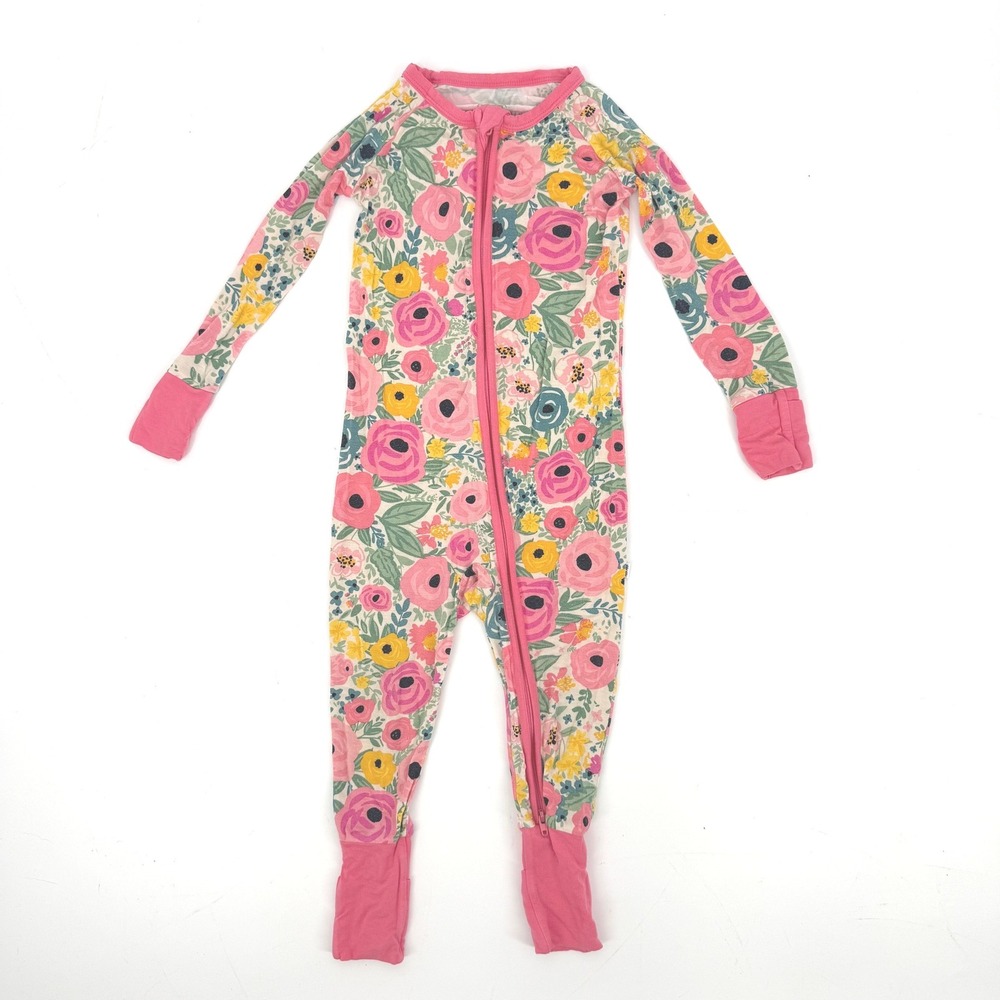 Little Sleepies Zippy Pajamas Baby 12-18M Pink Floral Excellent Bamboo Lunaluxe